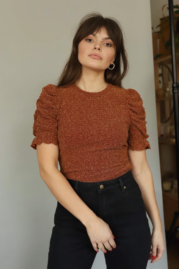 Moon River Burgundy Metallic Ruched Sleeve Top Moon River Burgundy Metallic Ruched Sleeve Top
