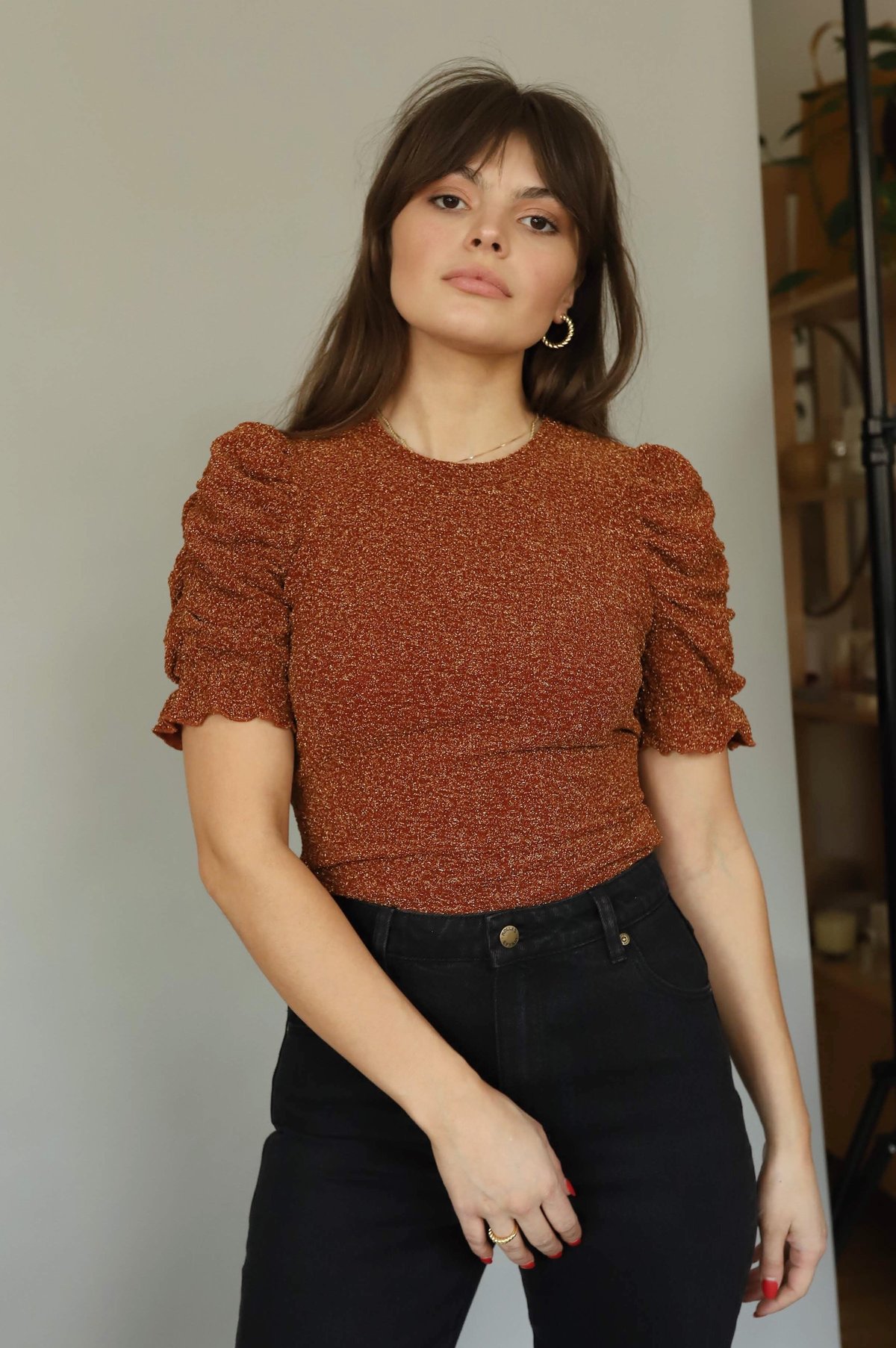 Moon River Burgundy Metallic Ruched Sleeve Top - Image 3 of 4