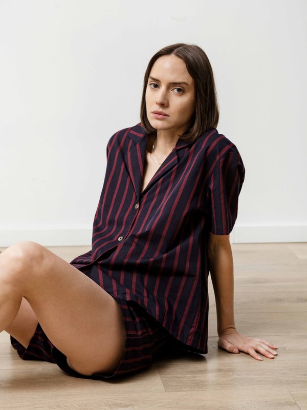 Bowling Shirt - Striped Poplin Navy/Wine Bowling Shirt - Striped Poplin Navy/Wine