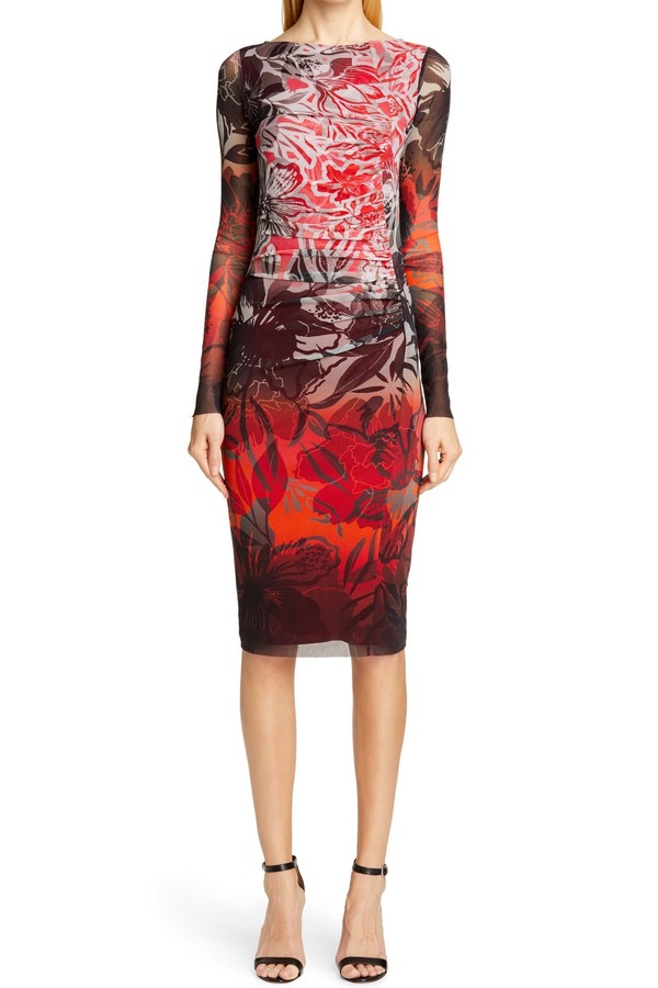 fuzzi red dress Fuzzi gradation ombre floral fitted dress