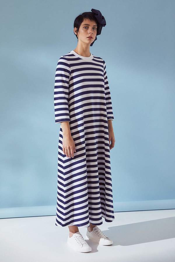 Kowtow 3/4 Sleeve A-line Dress - Navy Stripe | Garmentory Kowtow 3/4 Sleeve A-line Dress - Navy Stripe | Garmentory