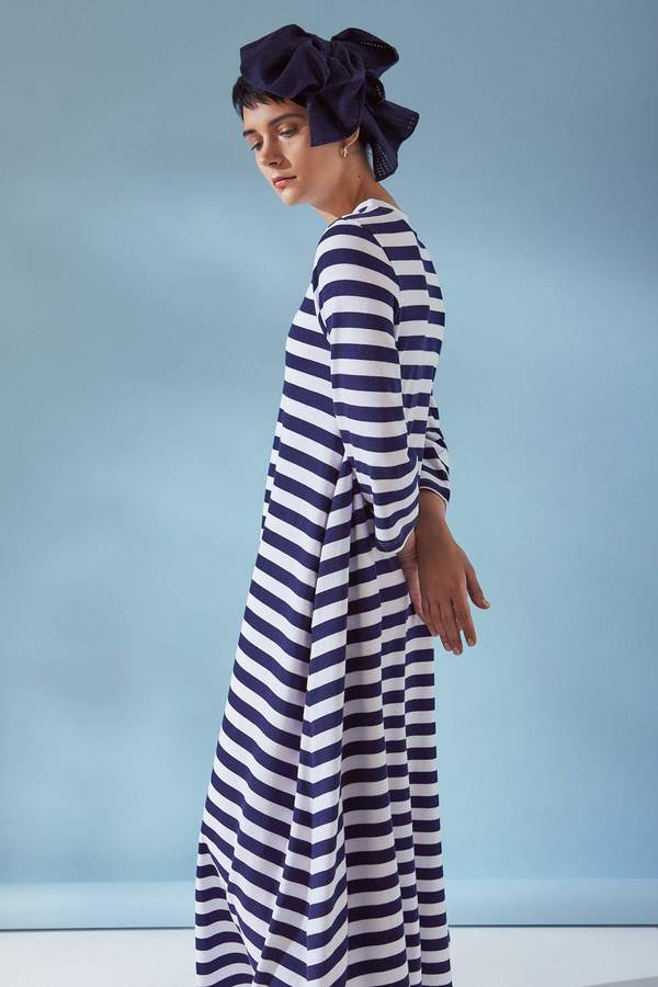 Kowtow 3/4 Sleeve A-line Dress - Navy Stripe | Garmentory Kowtow 3/4 Sleeve A-line Dress - Navy Stripe | Garmentory