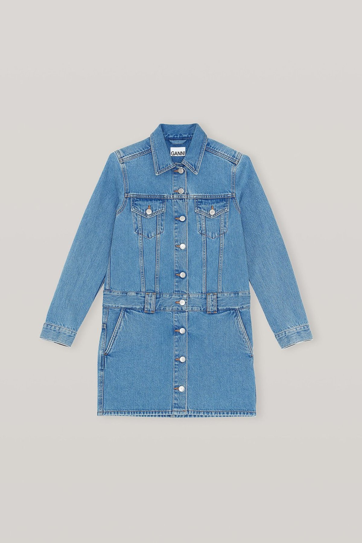 ganni vintage washed denim mini dress Ganni Vintage Washed Denim Mini Dress in Mid Blue Vintage