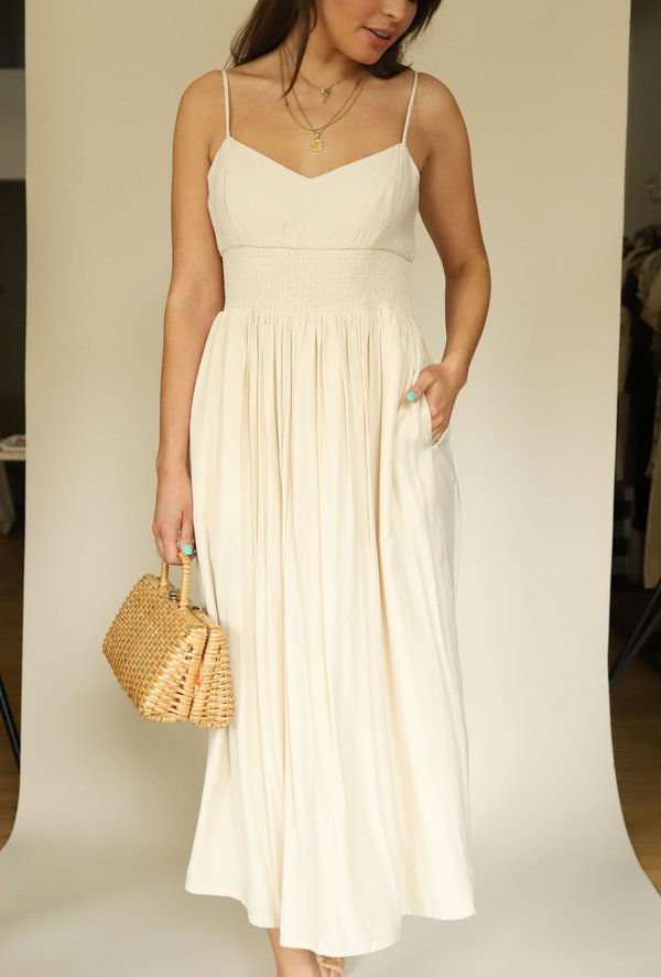 MOODIE Cream Smocked Waist Midi Dress MOODIE Cream Smocked Waist Midi Dress