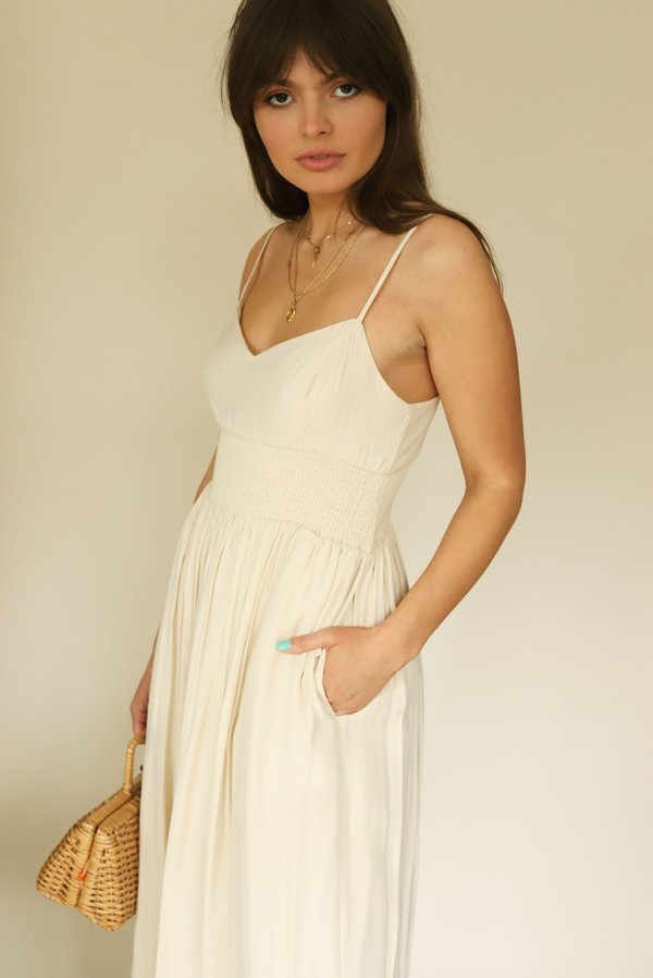 MOODIE Cream Smocked Waist Midi Dress MOODIE Cream Smocked Waist Midi Dress