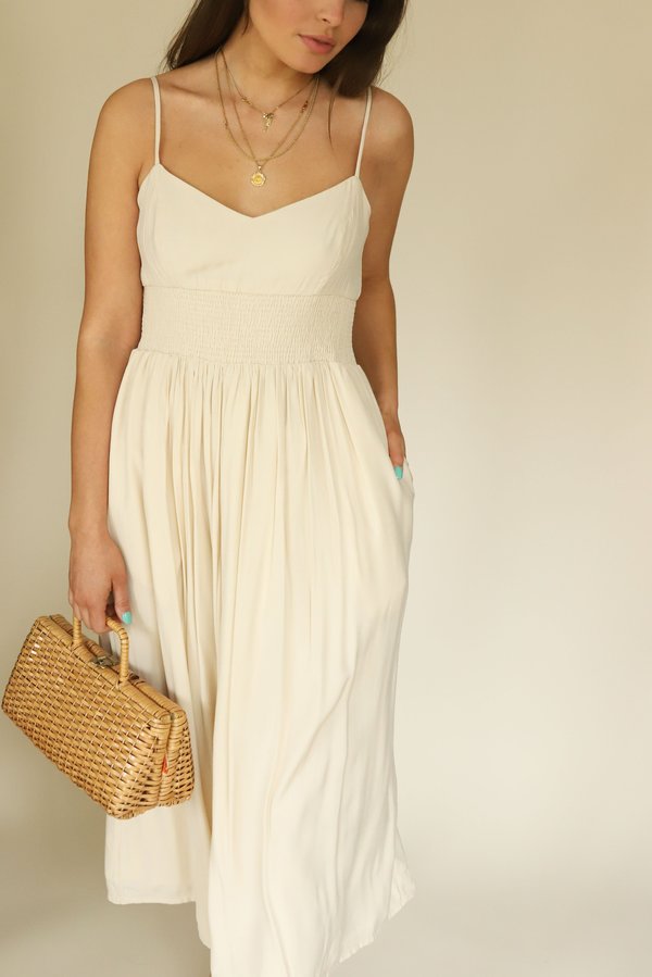 MOODIE Cream Smocked Waist Midi Dress MOODIE Cream Smocked Waist Midi Dress