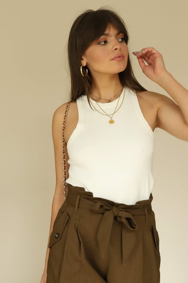 Grey Lab Ribbed Round Neck Tank Top - White Grey Lab Ribbed Round Neck Tank Top - White