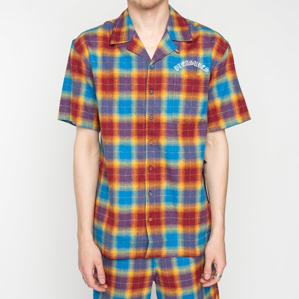 PLEASURES Shadow Plaid Camp Collar Button Up - Maroon PLEASURES Shadow Plaid Camp Collar Button Up - Maroon
