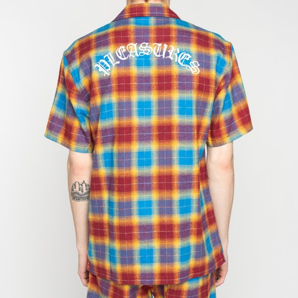 PLEASURES Shadow Plaid Camp Collar Button Up - Maroon PLEASURES Shadow Plaid Camp Collar Button Up - Maroon