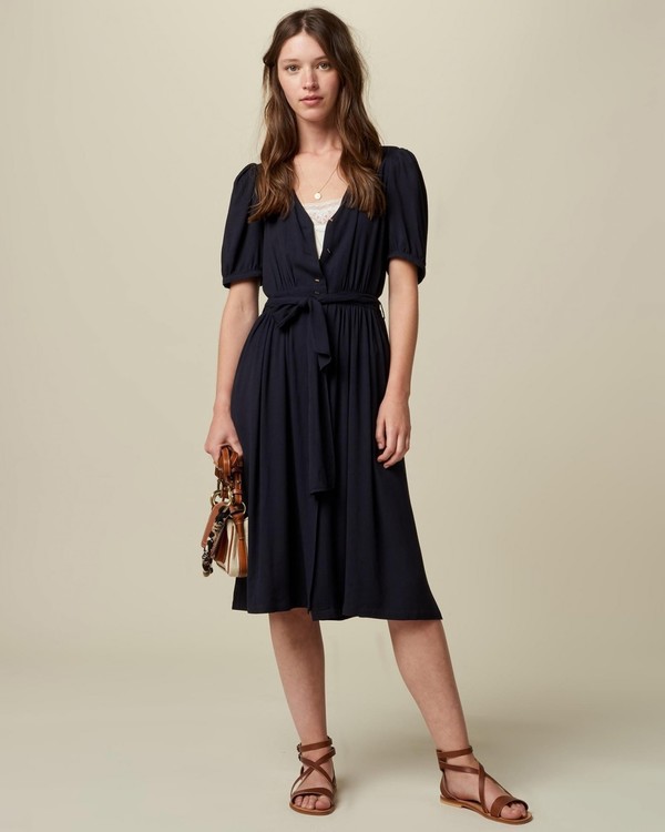 Sessun Short Sleeve Midi Dress with Self-Tie Belt - Navy | Garmentory