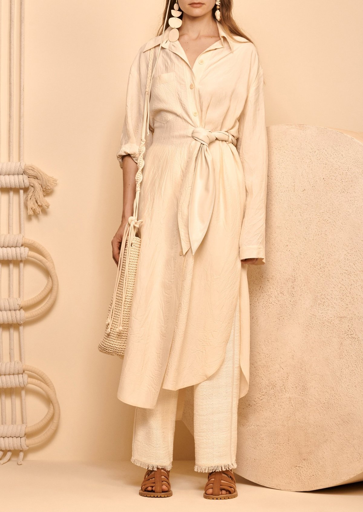 Nanushka Mona Twist Tie Asymmetric Shirt Dress - Creme