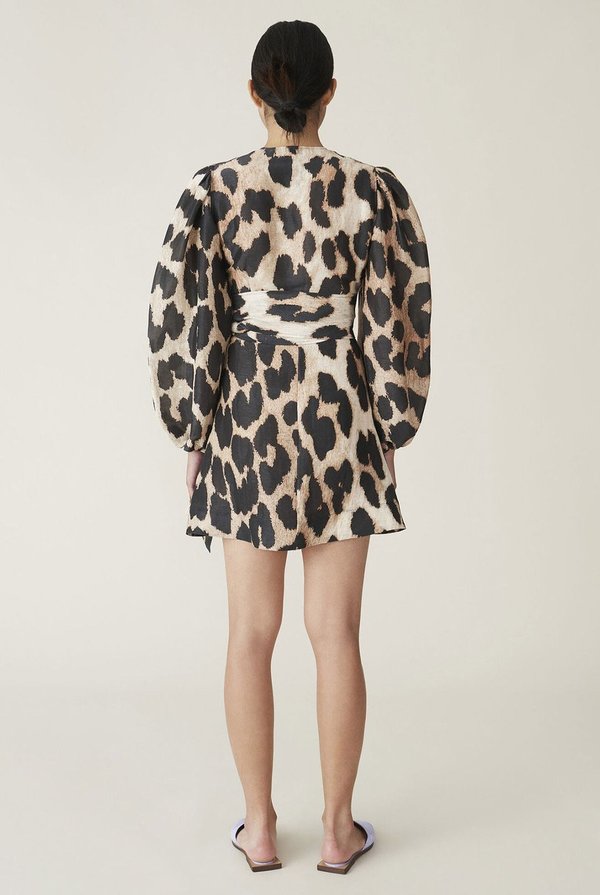 ganni leopard linen dress Ganni Leopard-print Linen-silk Blend Midi Dress in Brown