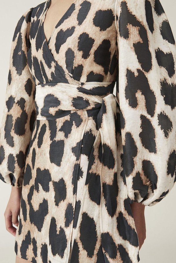 chinese dress ladies Ganni - Tan & Black Leopard Print Silk & Linen Blend Short Sz 4