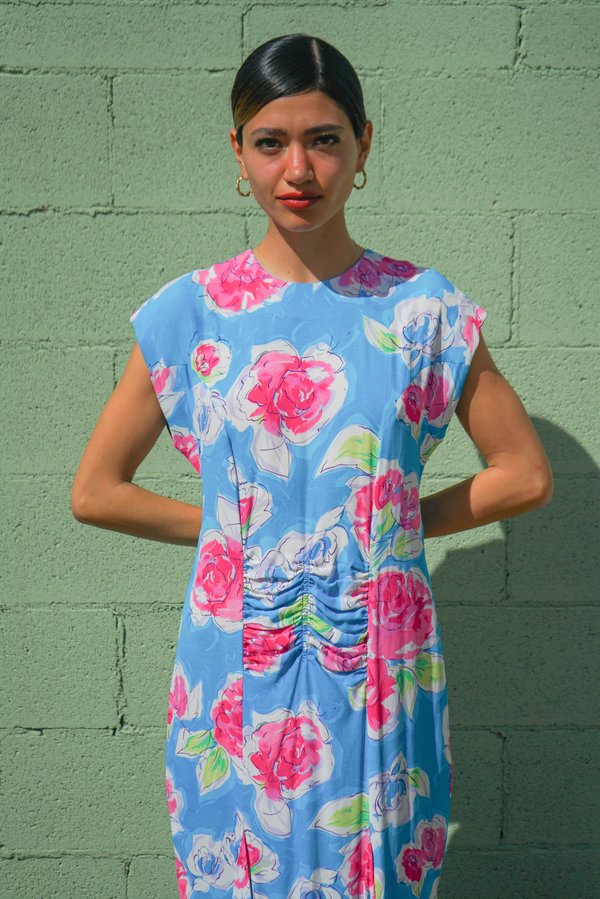 nicole miller dress Vintage Nicole Miller Pansy Blue Spag Strap Maxi Dress with Intricate main image 1