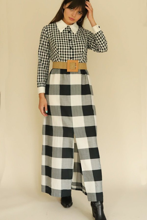 Vintage Pointed Collar Gingham Dress - Black/White Vintage Pointed Collar Gingham Dress - Black/White