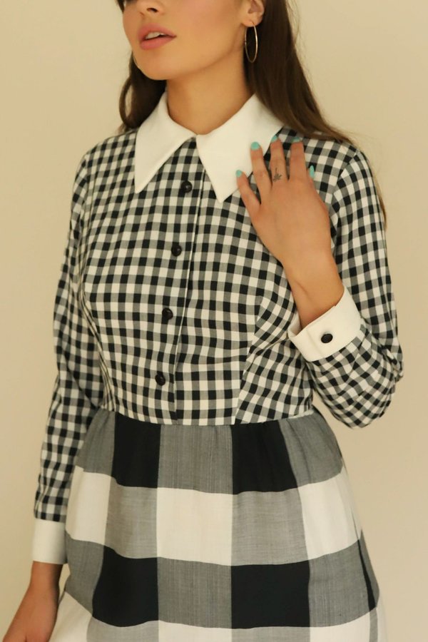 Vintage Pointed Collar Gingham Dress - Black/White Vintage Pointed Collar Gingham Dress - Black/White