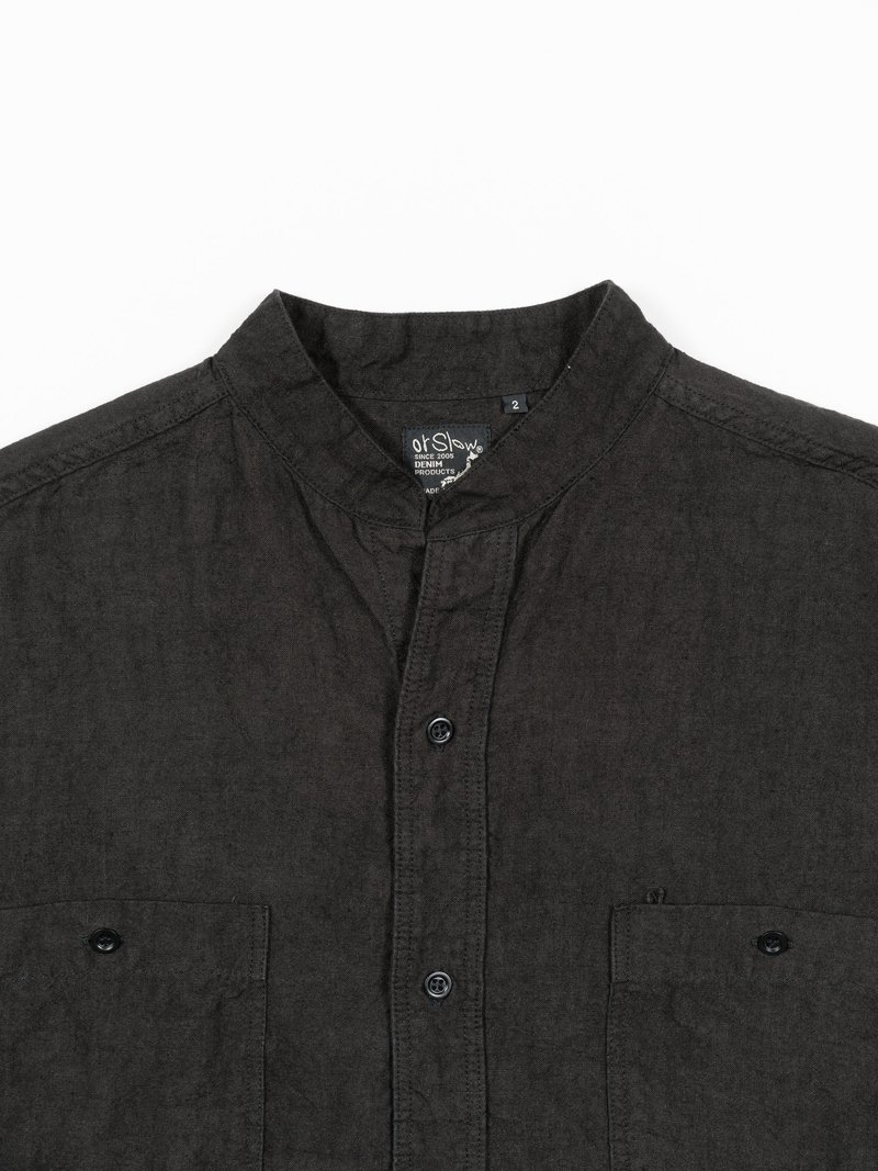 Orslow Stand Collar Short Sleeve Linen Shirt - Black | Garmentory