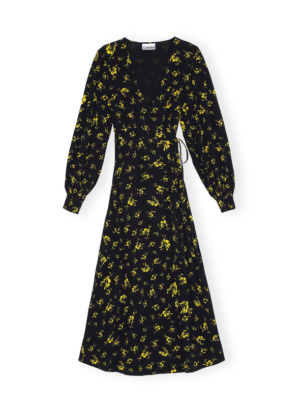 ※近日削除します【GANNI】Printed Crepe SK Ganni Printed Crepe Wrap Dress - Black | Garmentory