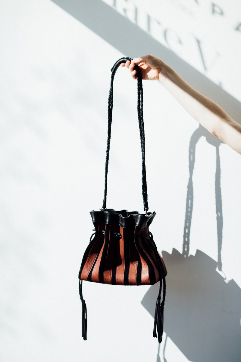 Native Rainbow Handmade Leather Drawstring Bag - Brown/Black 