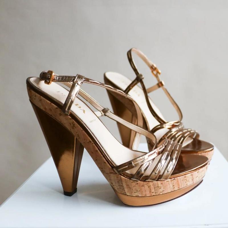 pre-loved] Prada Metallic Cork Strappy Platform Sandal bronze