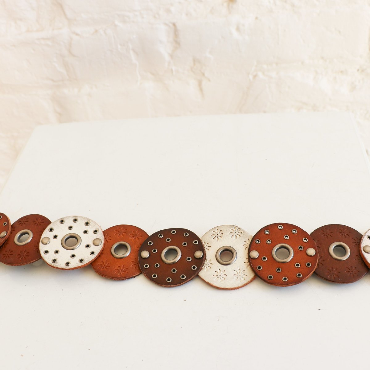 Ralph Lauren Vintage Leather Grommet Disc Belt In Brown & White Sz L Ralph Lauren Western Belt - Etsy main image 2
