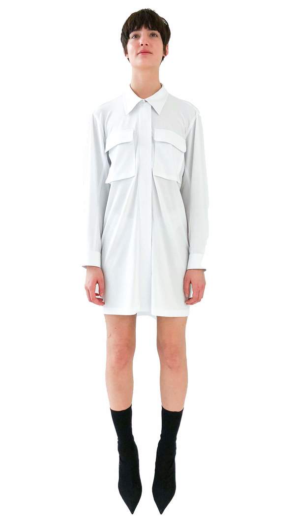 norma kamali white shirt dress Norma Kamali Super Oversized Boyfriend Shirt Flared Mini Dress in White