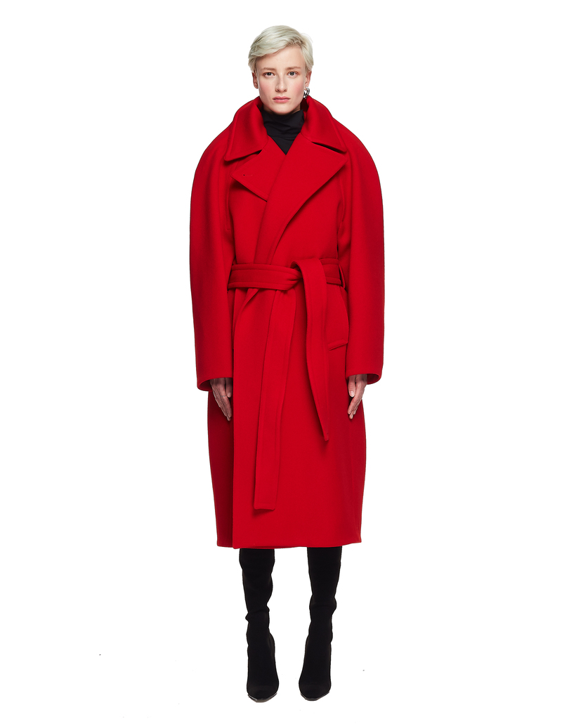 Balenciaga Wool Belted Coat - Red | Garmentory