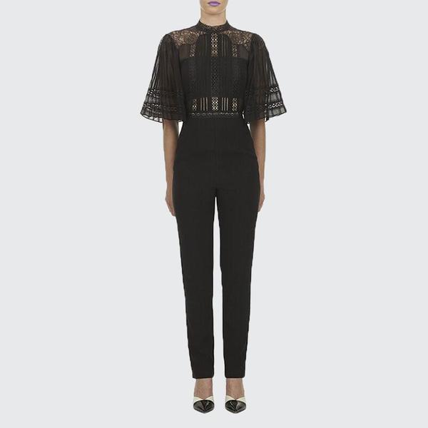 self portrait Fine Lace And Crepe Jumpsuit - Black self portrait Fine Lace And Crepe Jumpsuit - Black