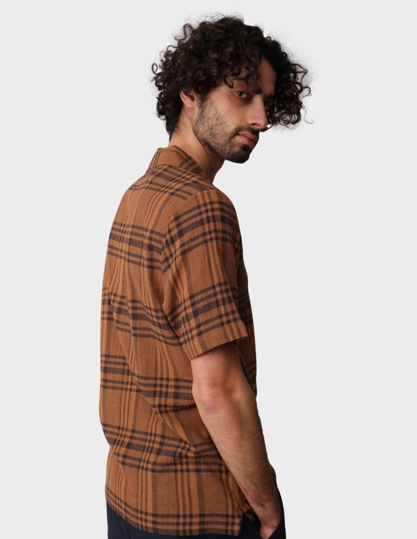 Folk Clothing Crepe Check Short Sleeve Soft Collar Shirt - Teak Overdyed Folk Clothing Crepe Check Short Sleeve Soft Collar Shirt - Teak Overdyed