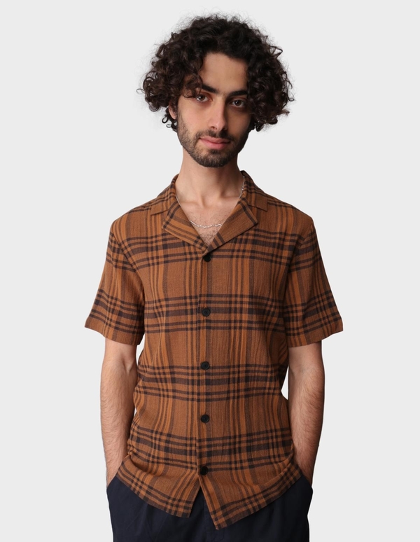 Folk Clothing Crepe Check Short Sleeve Soft Collar Shirt - Teak Overdyed Folk Clothing Crepe Check Short Sleeve Soft Collar Shirt - Teak Overdyed