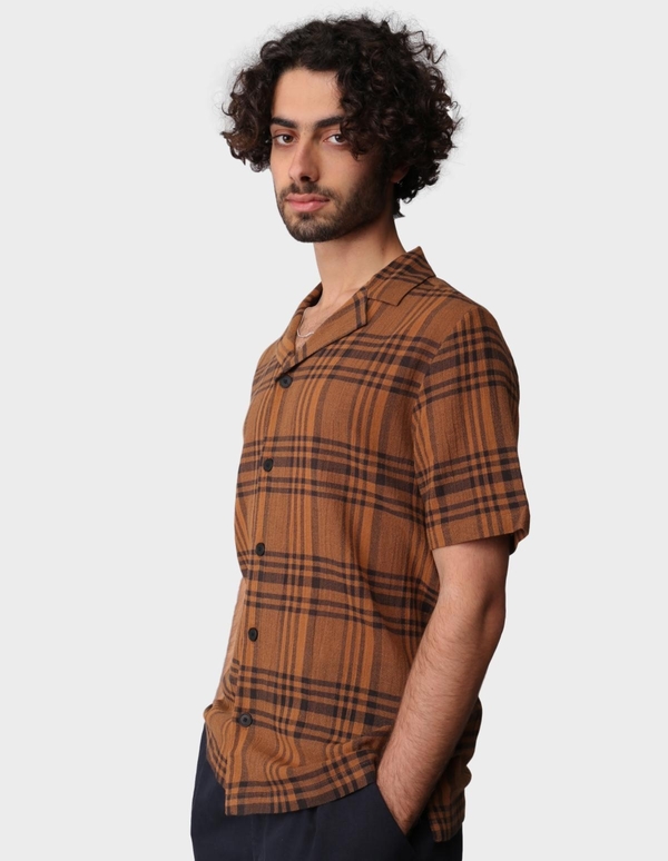 Folk Clothing Crepe Check Short Sleeve Soft Collar Shirt - Teak Overdyed Folk Clothing Crepe Check Short Sleeve Soft Collar Shirt - Teak Overdyed