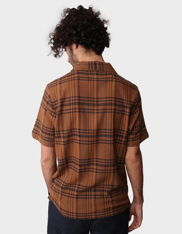 Folk Clothing Crepe Check Short Sleeve Soft Collar Shirt - Teak Overdyed Folk Clothing Crepe Check Short Sleeve Soft Collar Shirt - Teak Overdyed