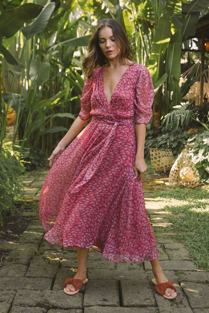 white christmas dresses Peacock Feather Print Midi Dress With Crew Neck main image 0