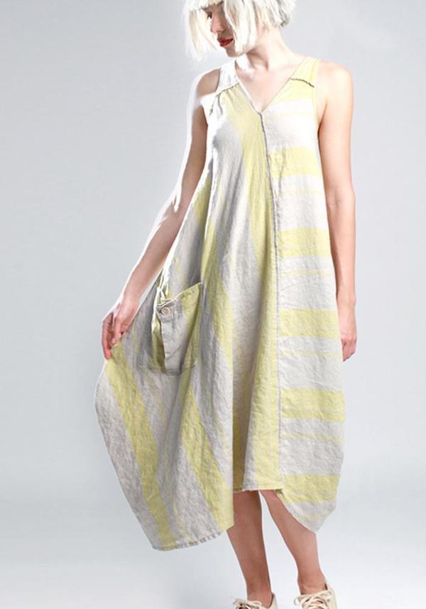 Lurdes Bergada Loose Linen Asymmetric Sleeveless Dress - Lime Striped | Garmentory Lurdes Bergada Loose Linen Asymmetric Sleeveless Dress - Lime Striped | Garmentory