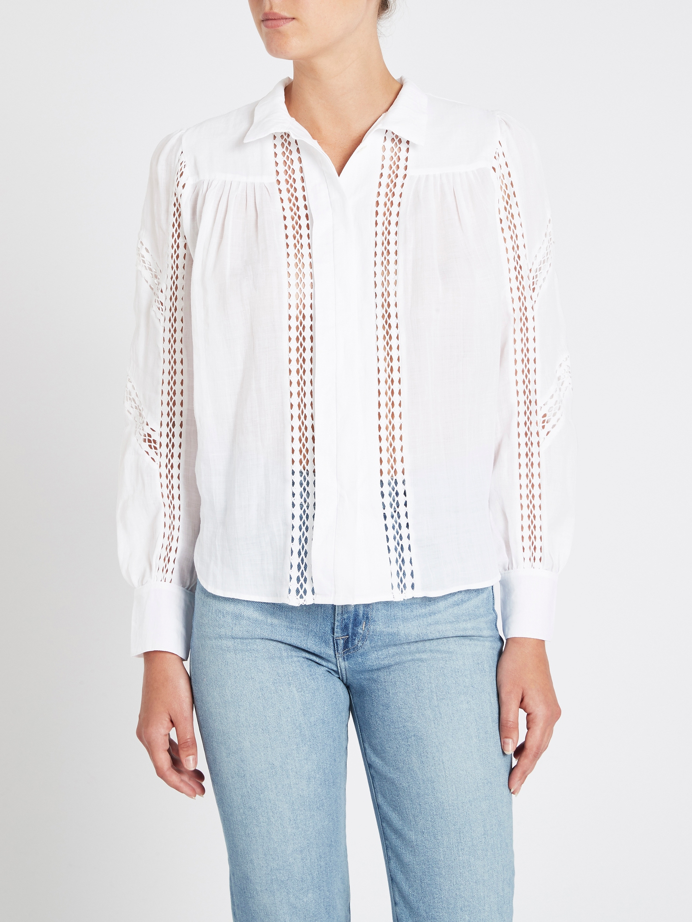 FRAME Denim Panel Lace Button Up Shirt White Garmentory