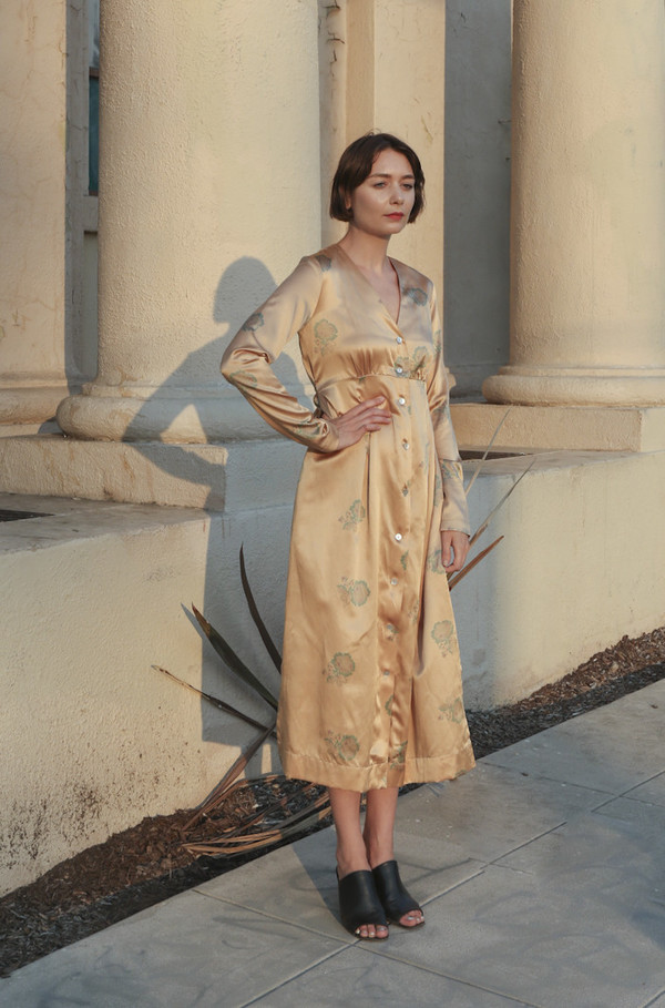 handcrafted gold tie front dress Golden Gown Crafted with Shiny Lace and Gold Mirrors main image 0