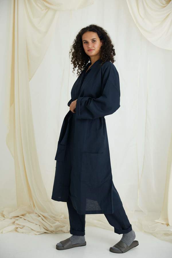 General Sleep Organic Cotton Linen Everyone Robe - Navy General Sleep Organic Cotton Linen Everyone Robe - Navy