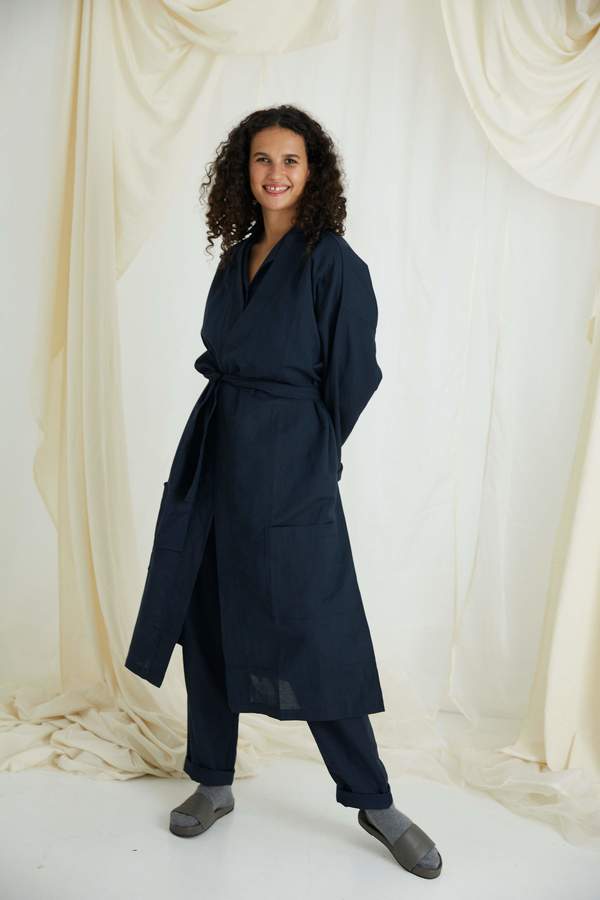 General Sleep Organic Cotton Linen Everyone Robe - Navy General Sleep Organic Cotton Linen Everyone Robe - Navy
