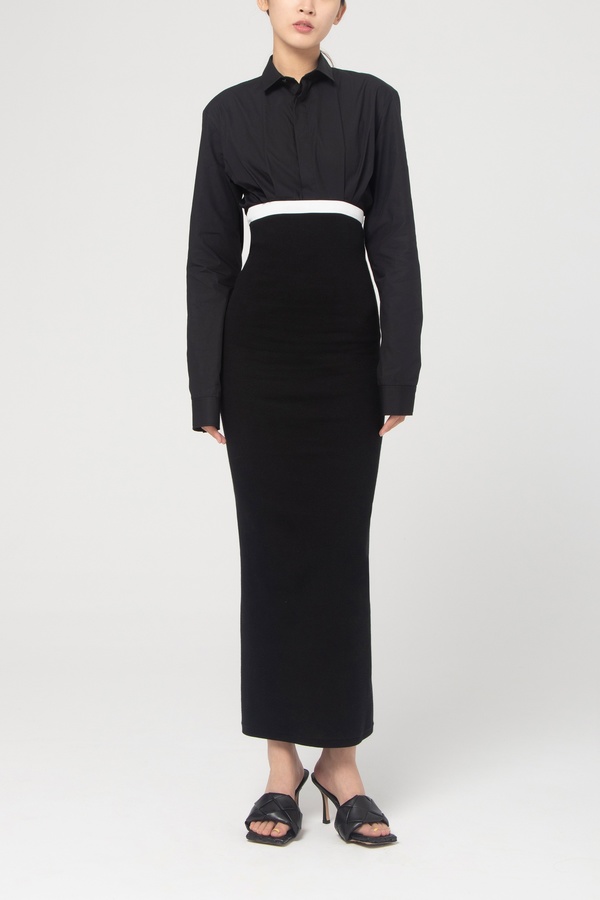 Haider Ackermann LONG ELASTICATED DRESS - BLACK/LIEUTNANT BLACK Haider Ackermann LONG ELASTICATED DRESS - BLACK/LIEUTNANT BLACK