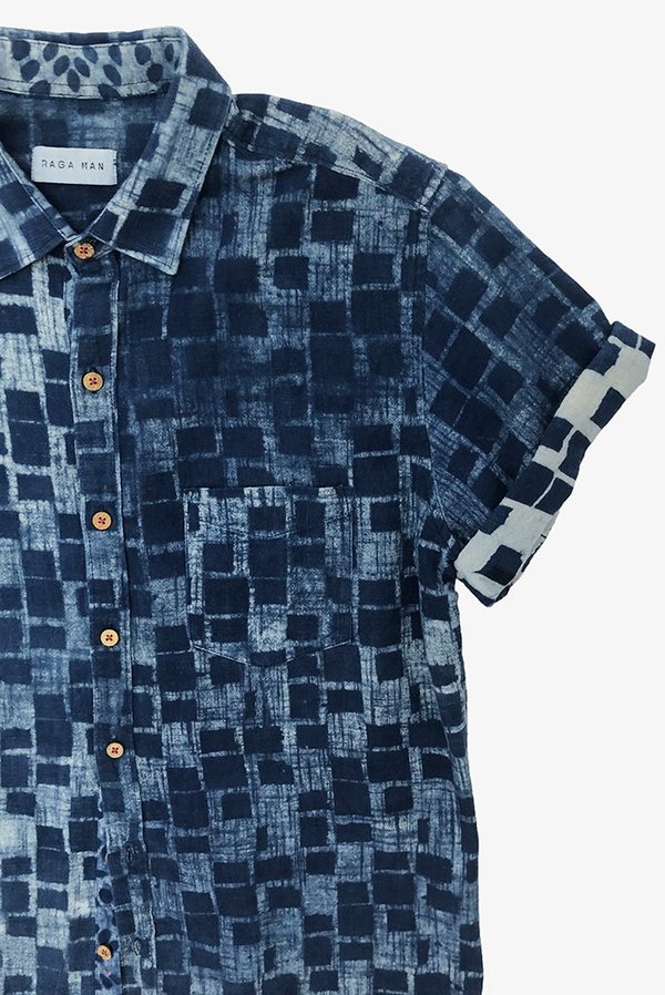 Raga Man Indigo SS Button Down Shirt - Squares Raga Man Indigo SS Button Down Shirt - Squares