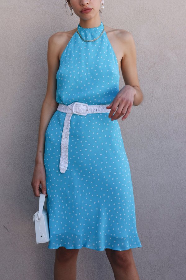 Dear Society Vintage 90s Blue Polka Dot Halter Dress | Garmentory