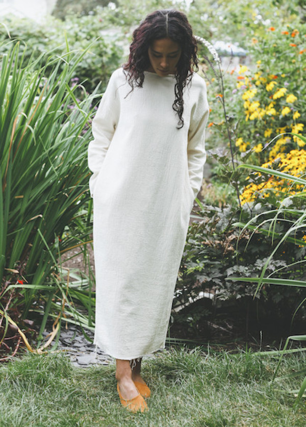 Black Crane Quilted Long Dress in Cream Garmentory