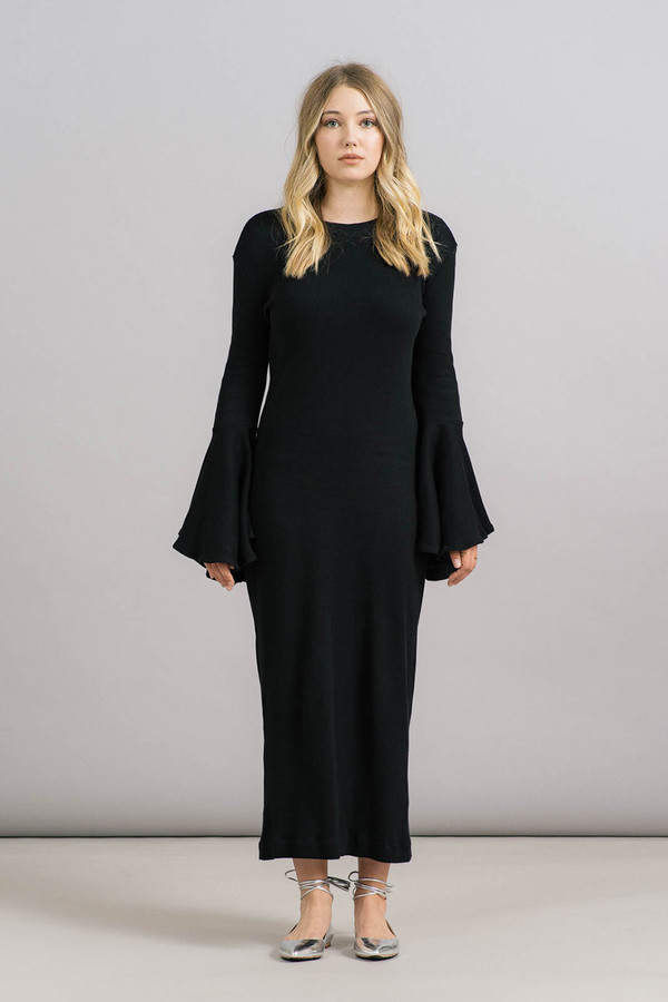 dress with flare at bottom Black Crepe Belted Fit and Flare Dress 10