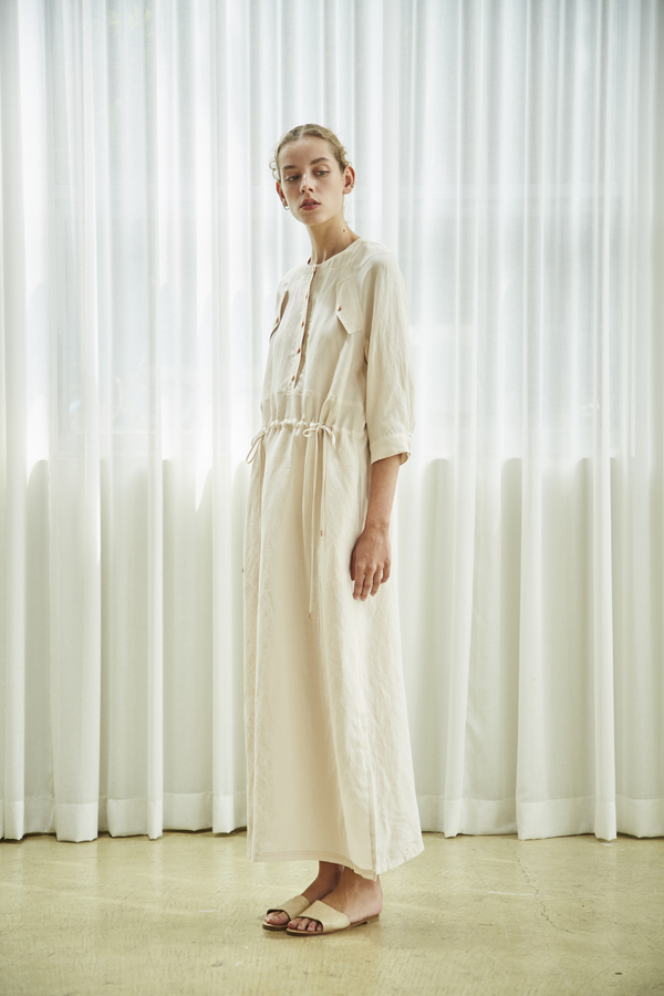 Maison De Ines LINEN DRAWSTRING DRESS - ivory | Garmentory