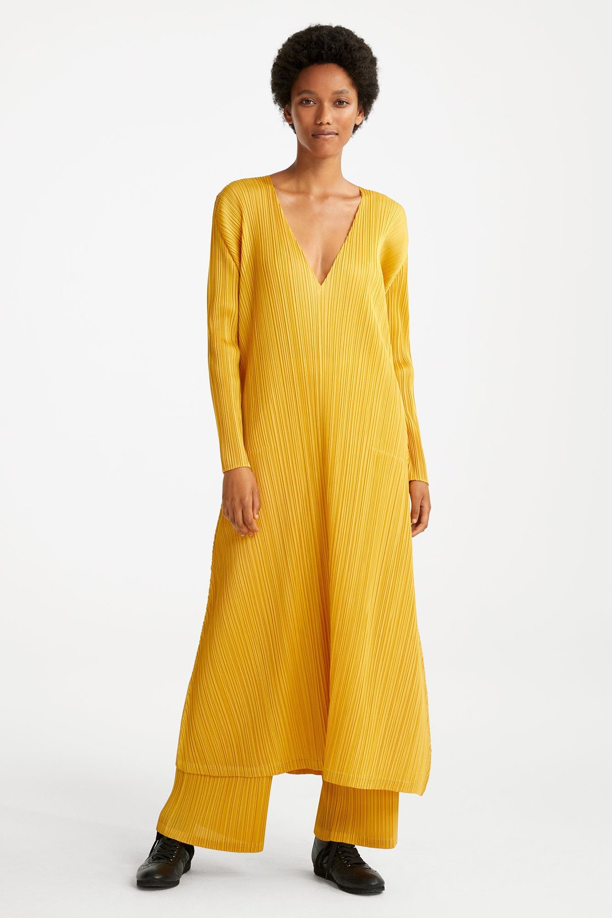 Issey Miyake V-Neck Dress in Yellow by Pleats Please | Garmentory