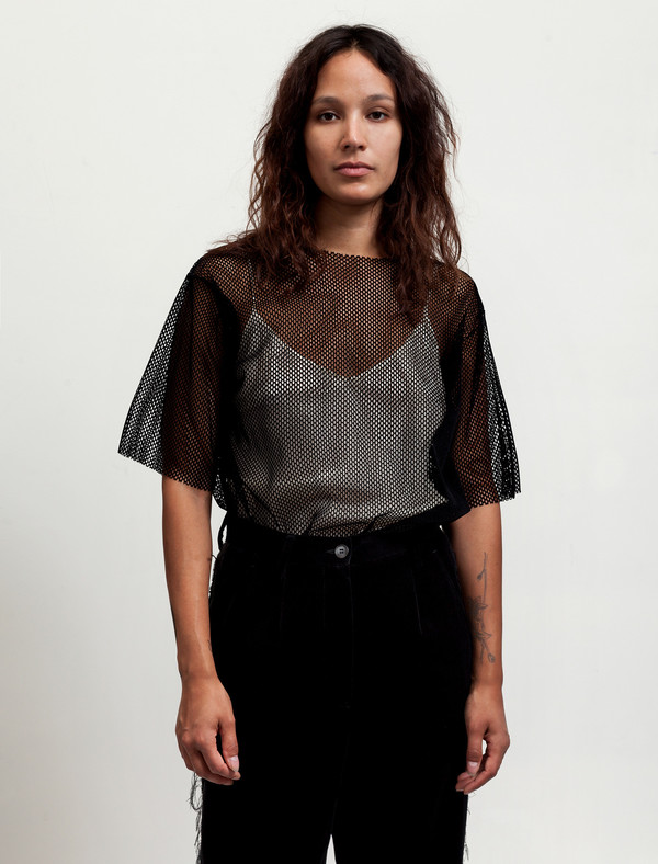 MM6 by Maison Margiela Womens Flocked Mesh T-Shirt Black | Garmentory