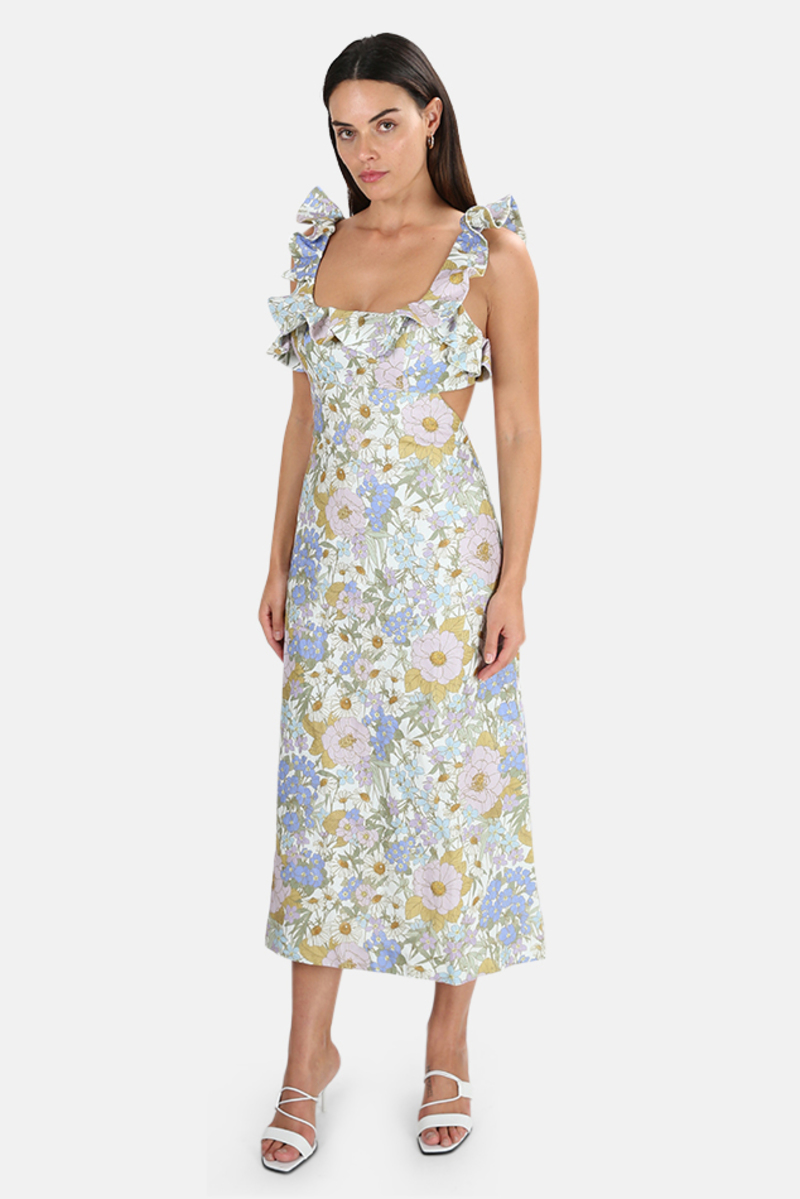 Women's Zimmermann Super Eight Frilled Midi Dress in Blue