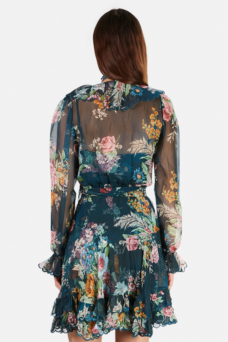 Zimmermann Wavelength Scallop Frill Mini Dress Teal Daphne