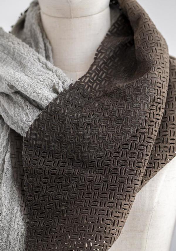 Claudio Cutuli Laser Cut Leather and Cotton Scarf - Taupe