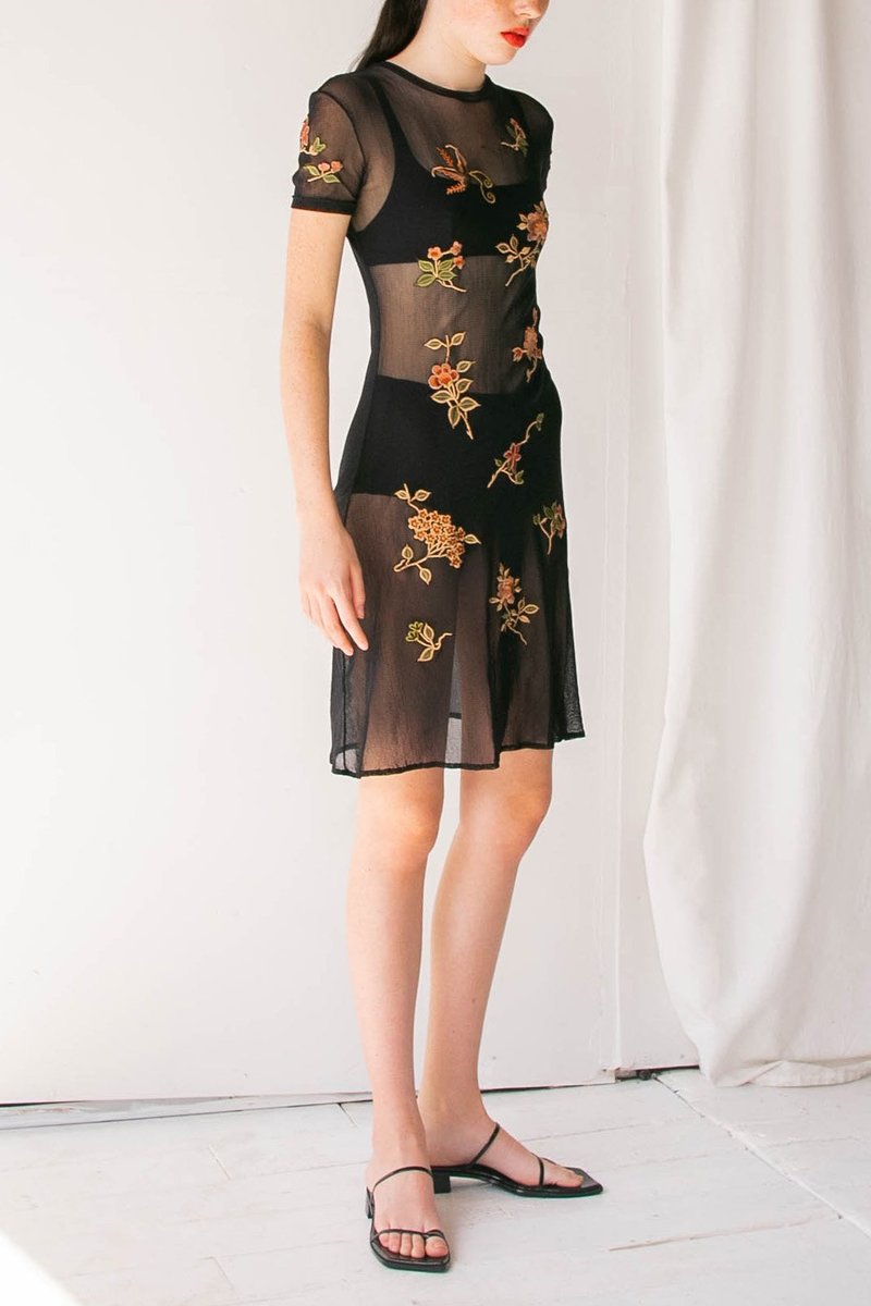 Vivienne Tam Black Mesh Floral Embroidered Dress (S